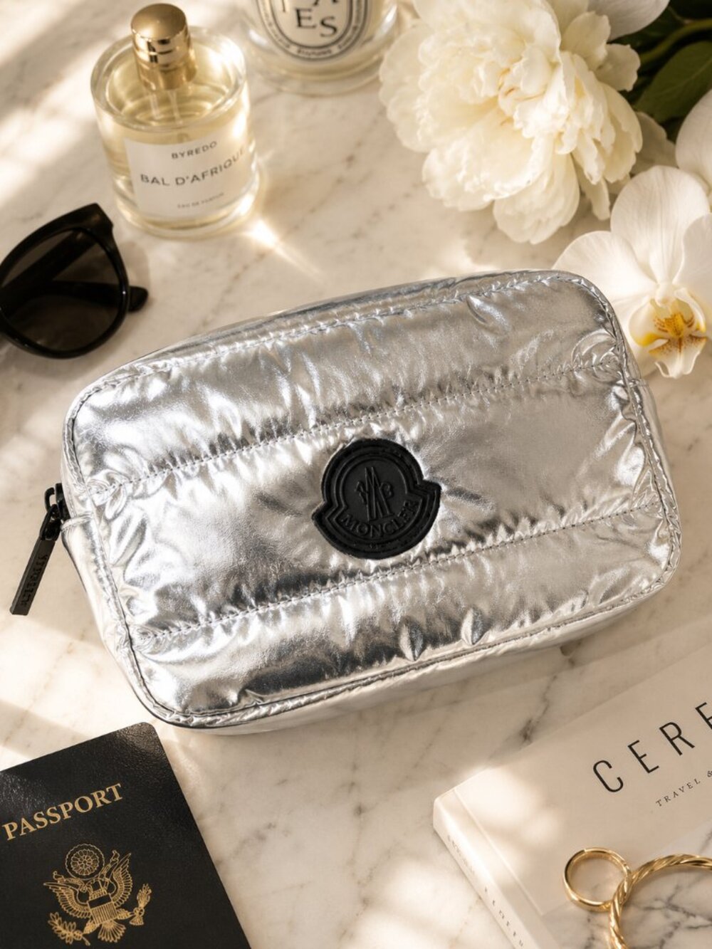 Moncler Parfums Metallic Silver Quilted Cosmetic Travel Pouch GWP NWOT